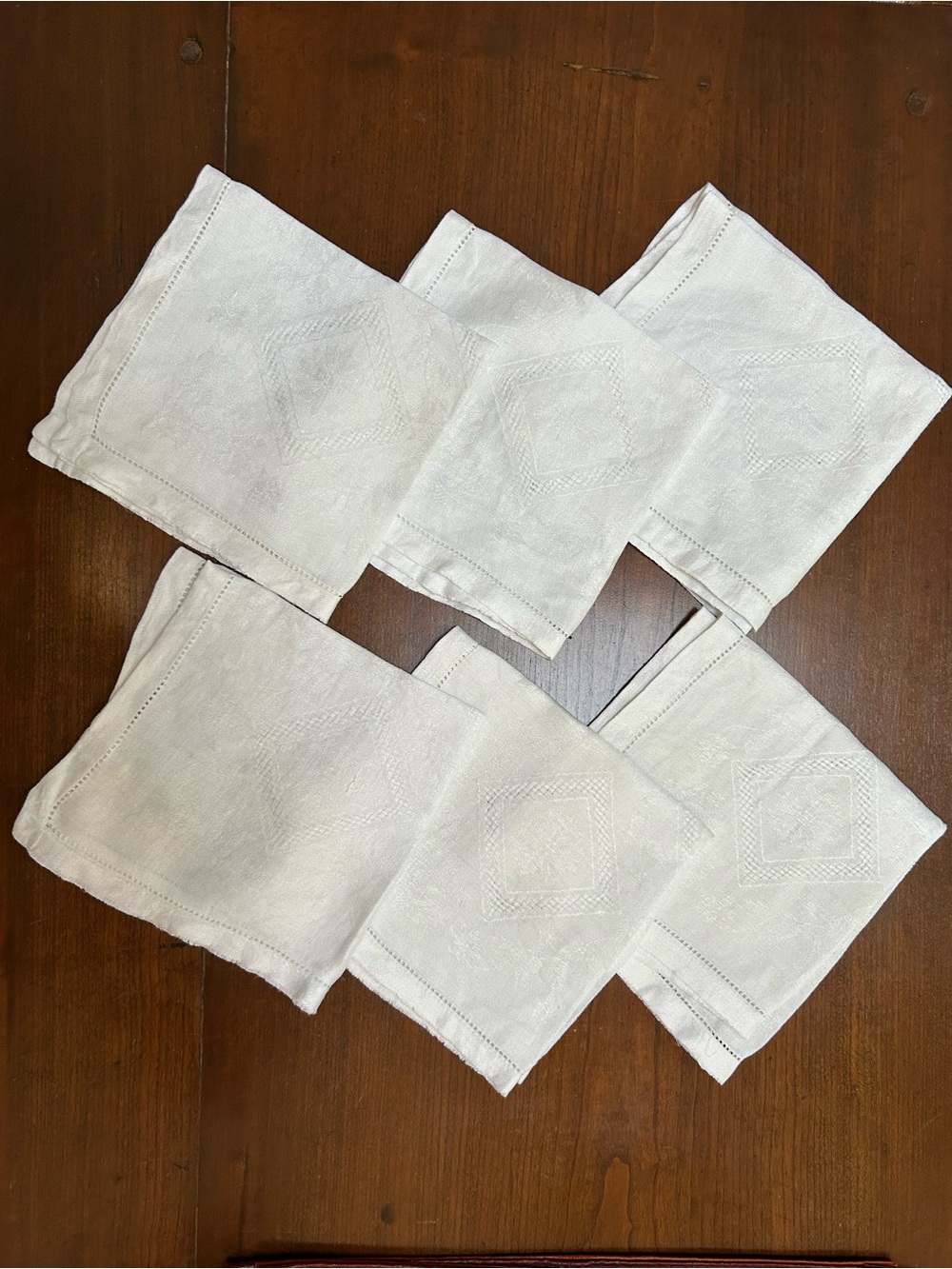 Vintage- Truly! Set of Six (6) White Linen Embroidered Napkins12x12.5” square.